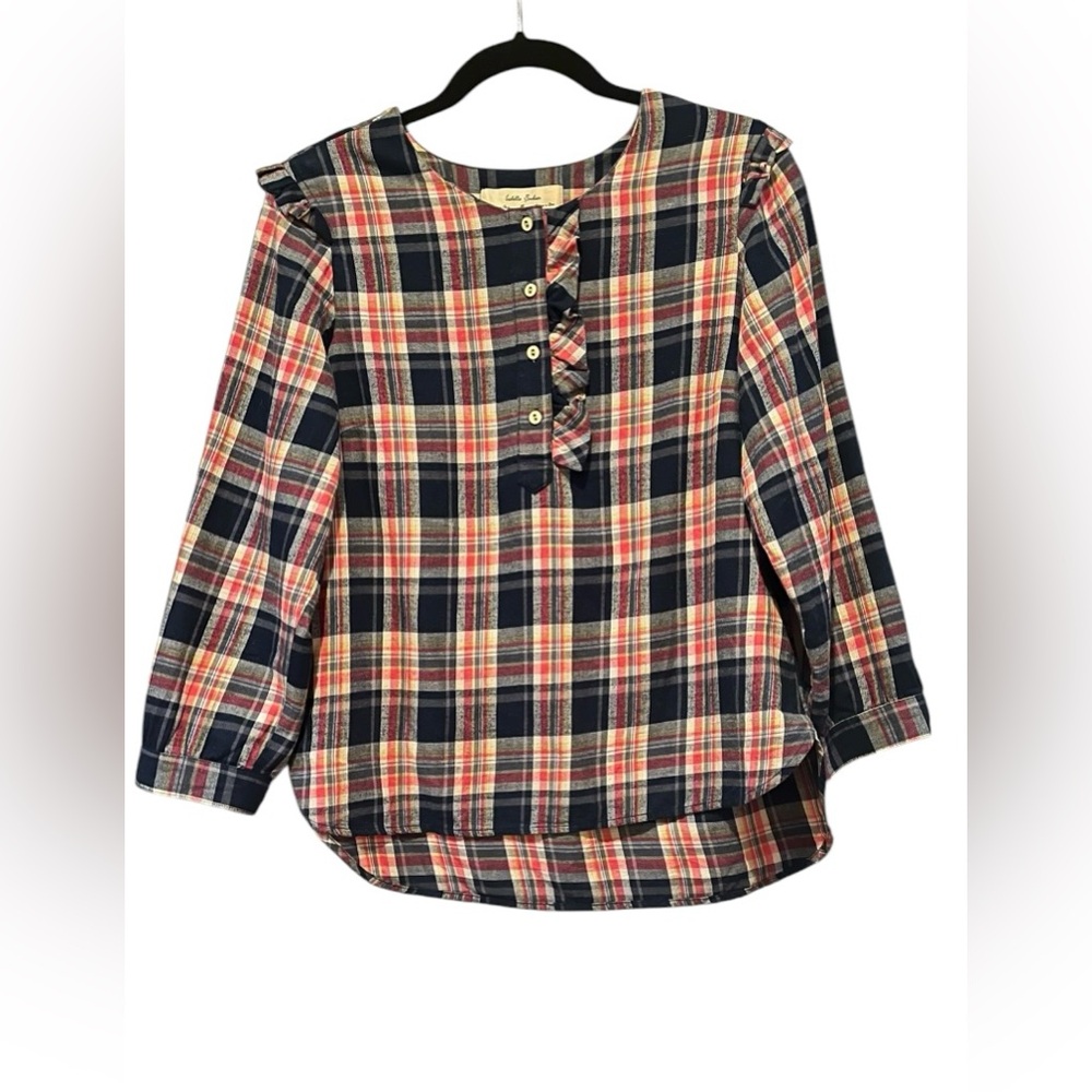 Anthropologie Isabella Sinclair Blue Pink Plaid Ruffle Flannel Top Medium Cotton